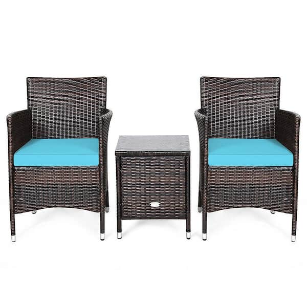 ANGELES HOME 3-Piece PE Rattan Wicker Patio Conversation Set with Blue Cushions