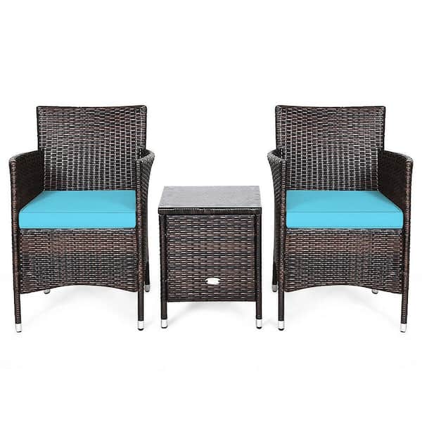 ANGELES HOME 3-Piece PE Rattan Wicker Patio Conversation Set with Blue Cushions