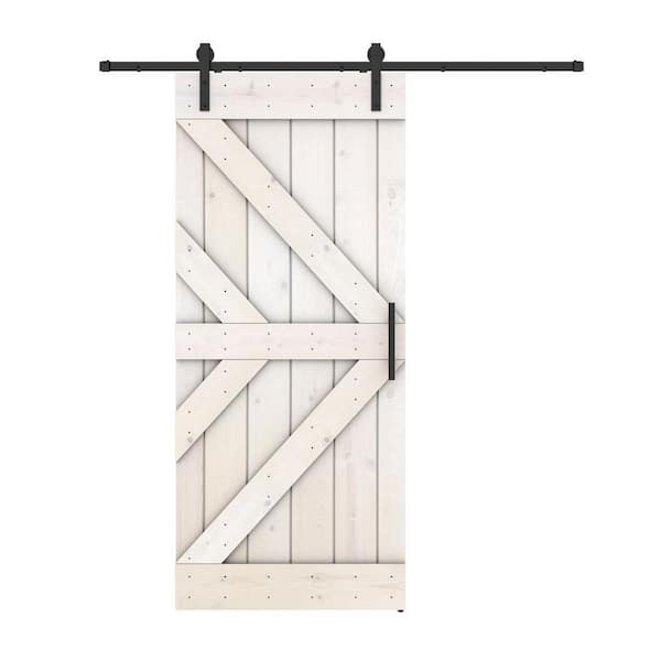 Dessliy Double KR 28 in. x 84 in. White Finished Pine Wood Sliding Barn Door with Hardware Kit (DIY)