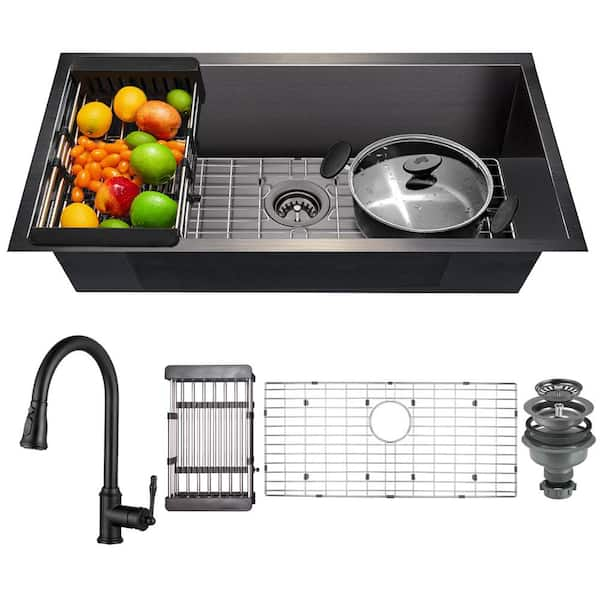 All-in-One Matte Black Finished Stainless Steel 32 in. x 18 in. Undermount  Single Bowl Kitchen Sink with Faucet