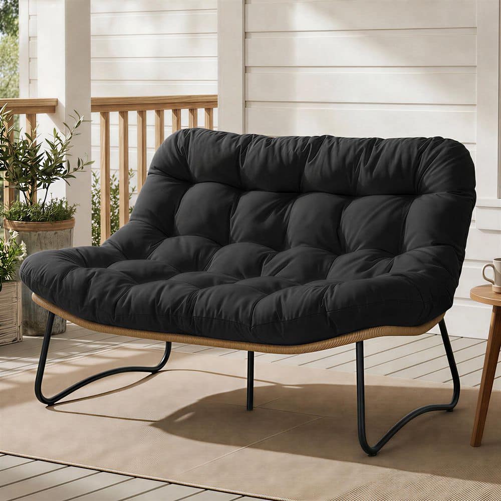 1-Piece Wicker Outdoor Loveseat Patio Papasan Lounge Egg Chair with 5.5 in. Gray Cushion