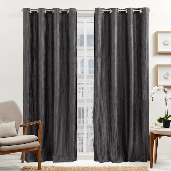 Leia Charcoal Textured Woven Room Darkening Grommet Top Curtain, 50 in. W x 84 in. L (Set of 2)
