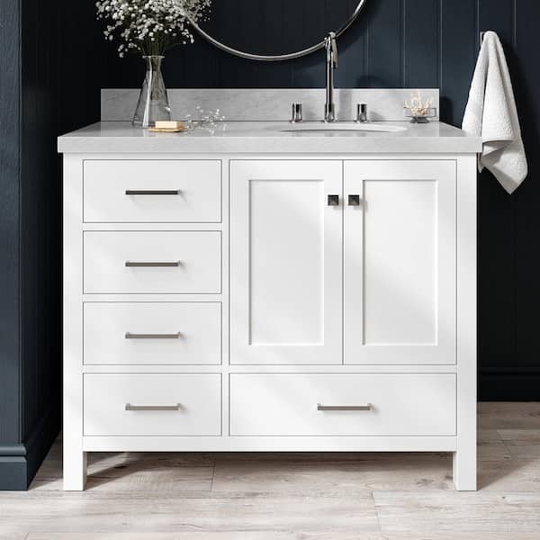 ARIEL Cambridge 43 in. W x 22 in. D x 36 in. H Bath Vanity in White with Carrara White Marble Top