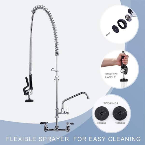 47 in. Height Triple Handle Pull Down Sprayer Kitchen Faucet, Kitchen Sink Faucet with Pre-Rinse Sprayer Wall Mount