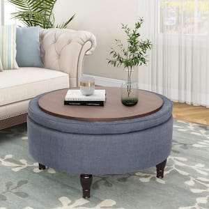 32 in. W x 32 in. D x 18 in. H Round Denim Blue Upholstered Tufted Cocktail Storage Ottoman