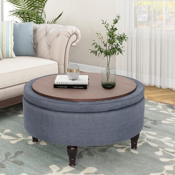 Maypex 32 in. W x 32 in. D x 18 in. H Round Denim Blue Upholstered Tufted Cocktail Storage Ottoman