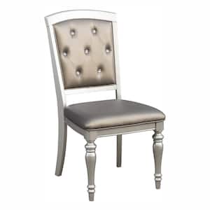 Glamorous Silver Wood Dining Chairs with Crystal Button Tufted and Leather Upholstered (Set of 2)