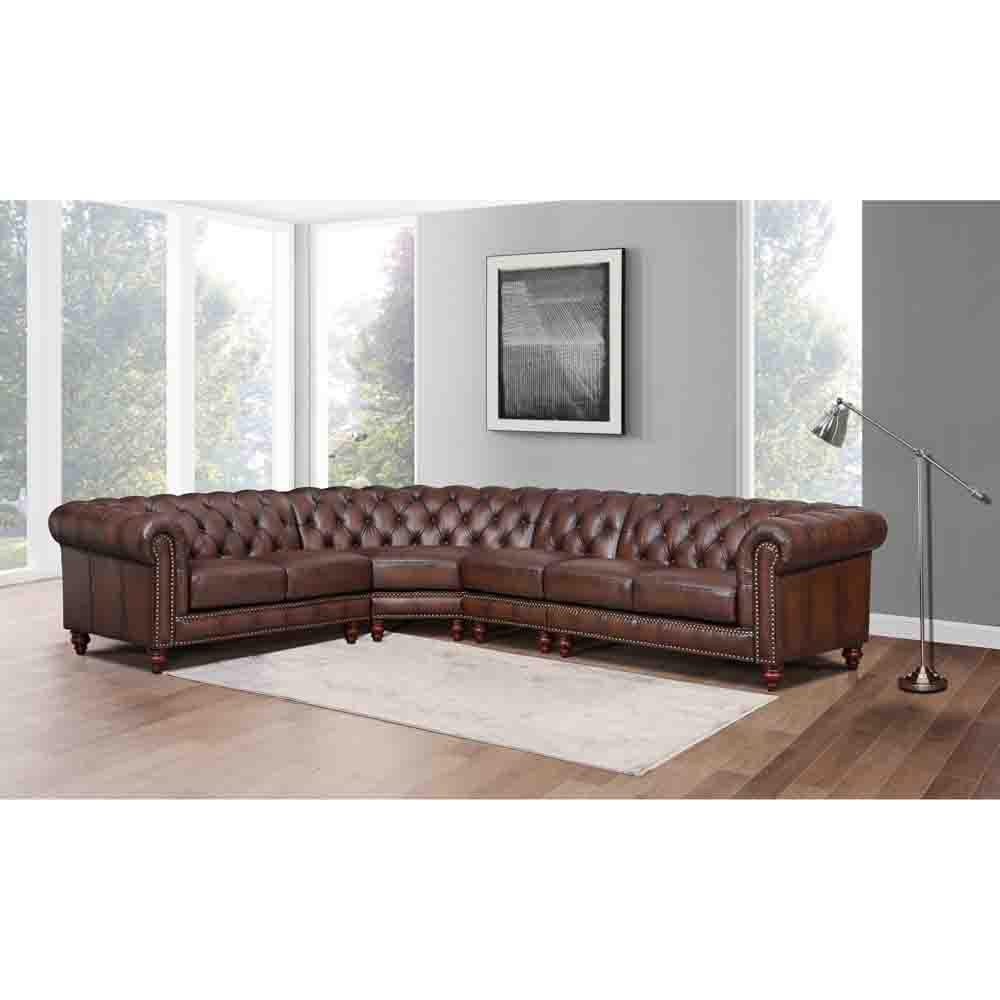 Caramel Brown Leather Tufted Chesterfield Sectional Sofa with Rolled Arms