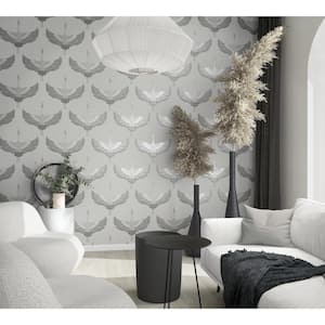 Kumano Collection Grey Textured Flying Storks Pearlescent Finish Non-Pasted Vinyl on Non-Woven Wallpaper Sample