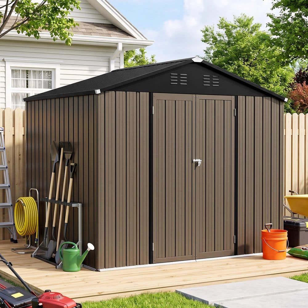 ToolCat 8 ft. D x 6 ft. W Metal Garden Shed, Brown/Black