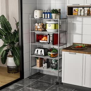 5 Tier Chrome Metal 14 in. L x 30 in. W x 60 in. H Large Adjustable Kitchen Storage Shelf with Rollers