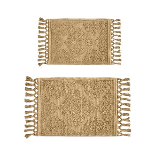 Jean Pierre Ricardo Cotton Fringe 17 in. x 31 in./21 in. x 41 in. 2-Piece Bath Rug Set in Linen