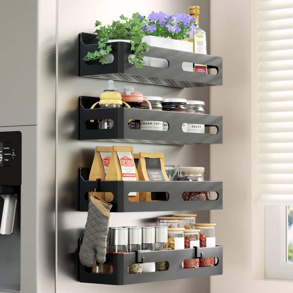 Esepony Wall Mount Spice Rack Organizer with 4 Hooks for Cabinet Door ...