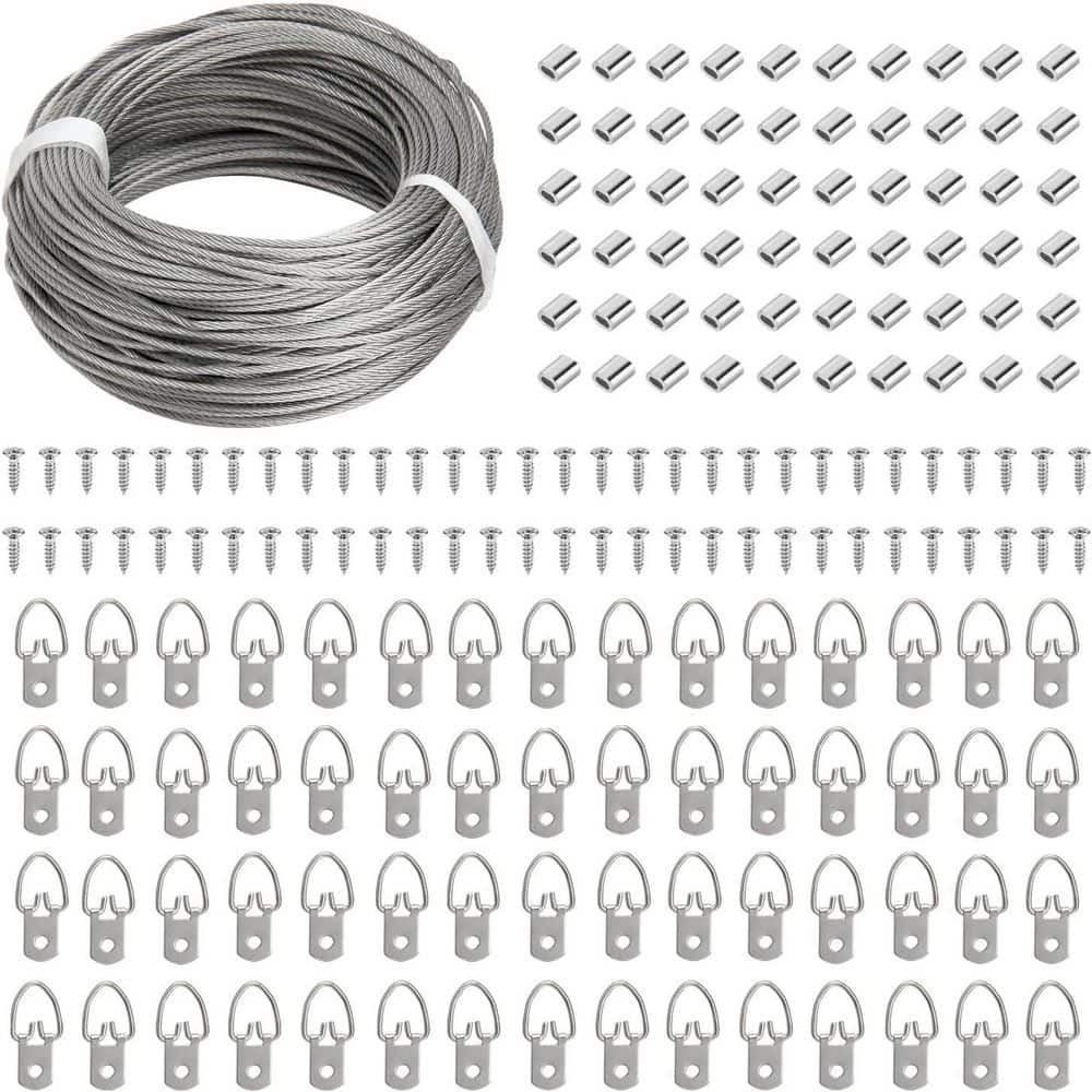 Stainless Steel Picture Hanging Kit with Wire, D Ring Hangers, Screws, and 