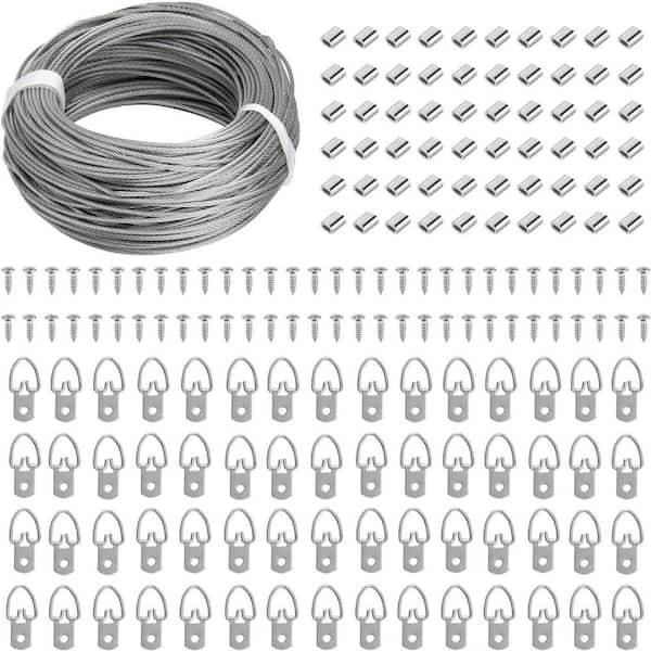 Stainless Steel Picture Hanging Kit with Wire, D Ring Hangers, Screws, and Aluminum Crimping Loop Sleeve Silver
