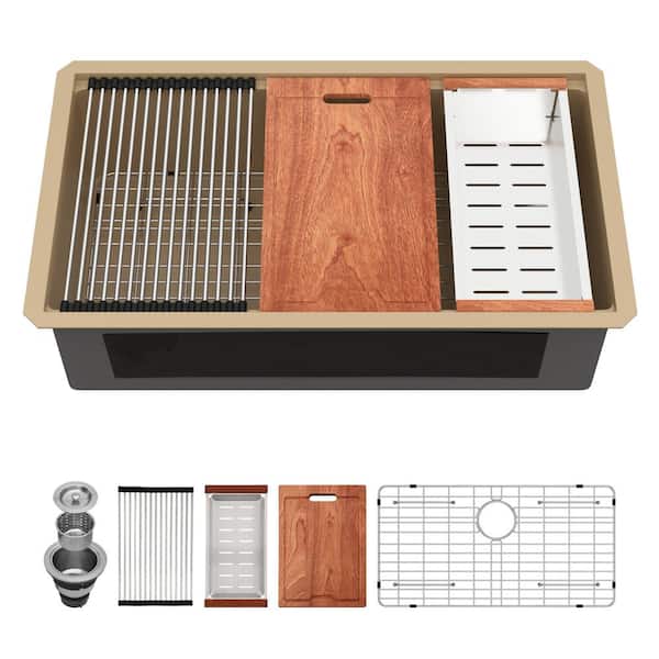 Unbranded 33 in. Undermount Single Bowl 16-Gauge Gold Marble Coating Stainless Steel Workstation Kitchen Sink with Strainer
