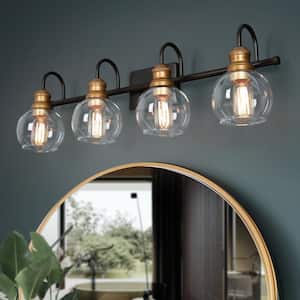 Modern Black Wall Light 29.5 in. 4-Light Bronze and Antique Gold Bathroom Brass Vanity Light with Globe Glass Shades