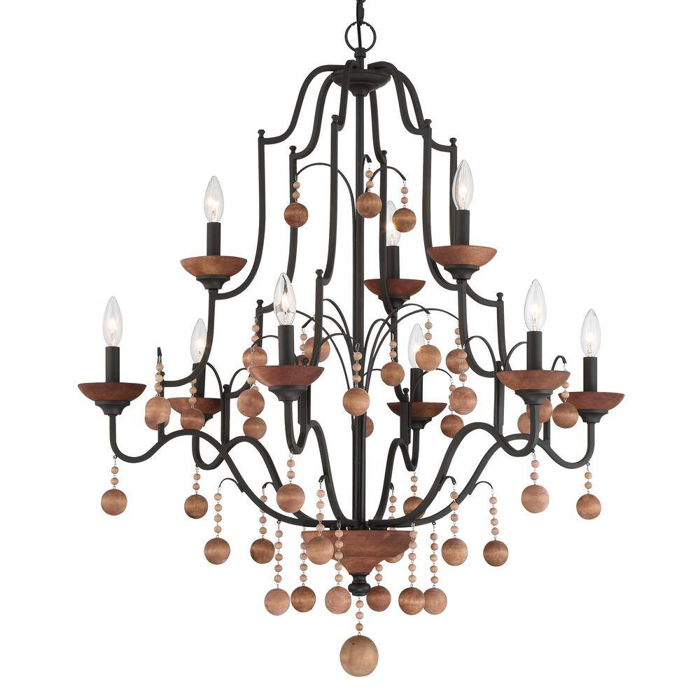 Old World Bronze and Walnut 9-Light Candle Chandelier
