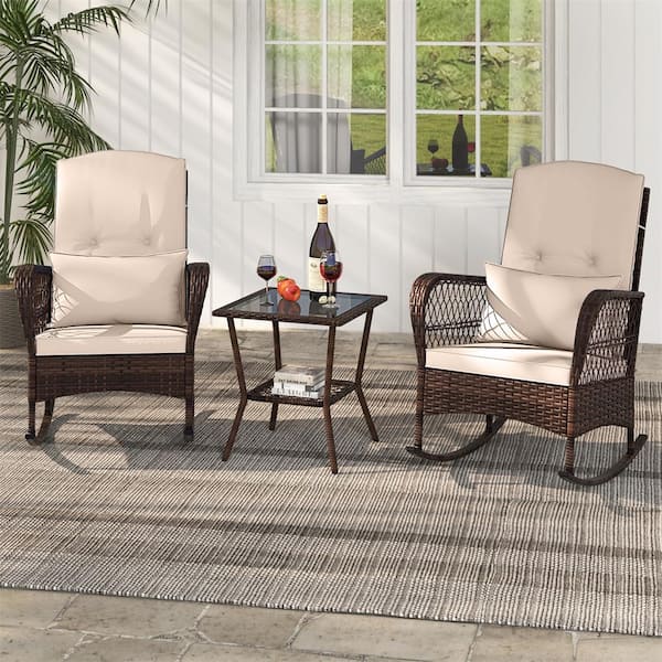 HONEY JOY 3-Piece Wicker Outdoor Bistro Set Rocking Chairs with 2-Tier Coffee Table for Porch Garden and Poolside Beige Cushion