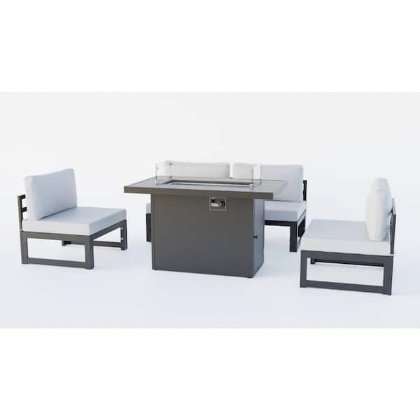 Leisuremod Chelsea 5-Piece Aluminum Patio Fire Pit Set with Light Grey Cushions