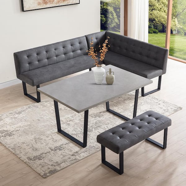 3-Piece Gray Dining Table Set 47.2 in. Rectangle Table with L-shaped Corner Bench（Dark Grey）