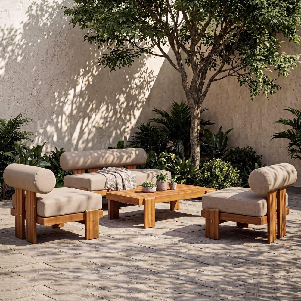 Beryl Teak Finish 4-Piece Outdoor Solid Wood Patio Conversation Set with Light Brown Cushions and Round Back Design