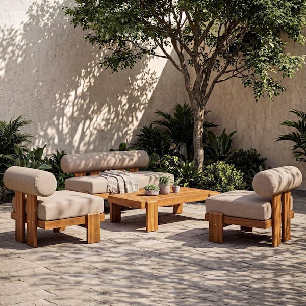 Beryl Teak Finish 4-Piece Outdoor Solid Wood Patio Conversation Set with Light Brown Cushions and Round Back Design