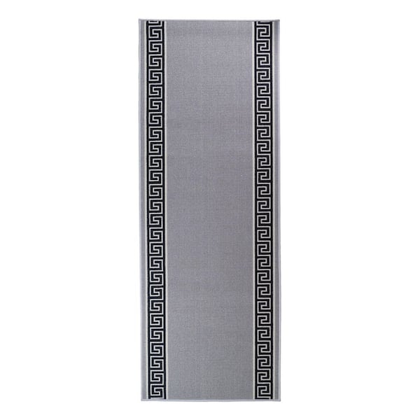 Meander Greek Key Design Gray 36 in. Width x 18 ft. Your Choice Length Slip-Resistant Stair Runner Rug