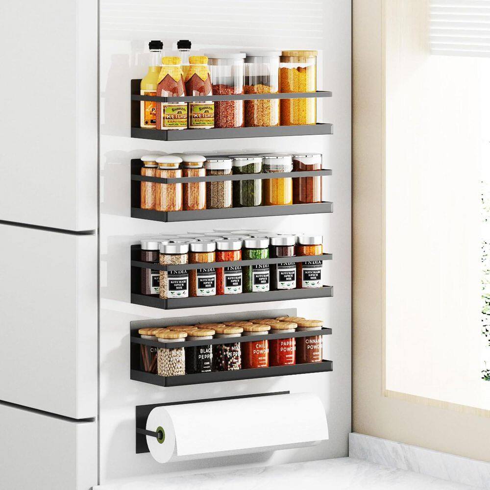 4 Shelves Black Magnetic Mount Spice Organizer Rack with Paper Towel Holder Space Saving Kitchen Fridge Shelf price history on PriceWatchPro