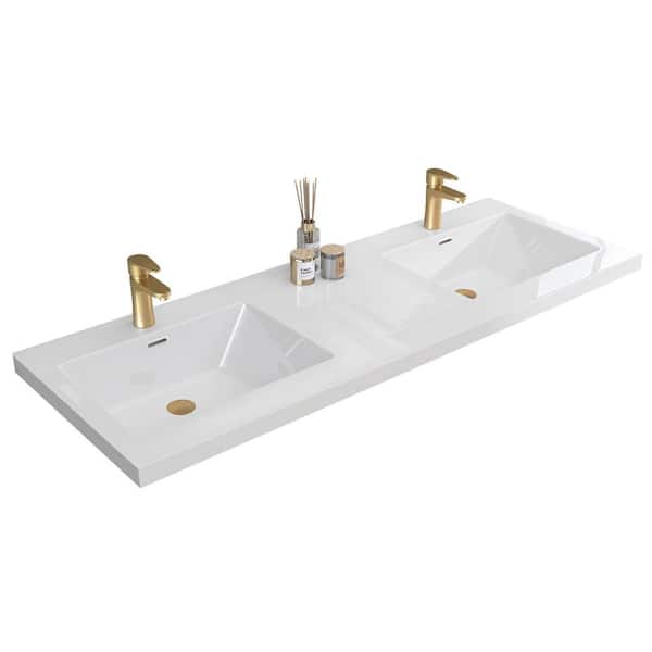 60 in. W x 22 in. D Rectangular Double Sink Bathroom Vanity Top White Solid Surface Vanity Top in Glossy White