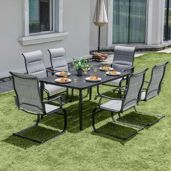 Black 7-Piece Metal Rectangle Outdoor Dining Set with 6 C-Spring Motion Padded Textilene Chairs and Umbrella Hole