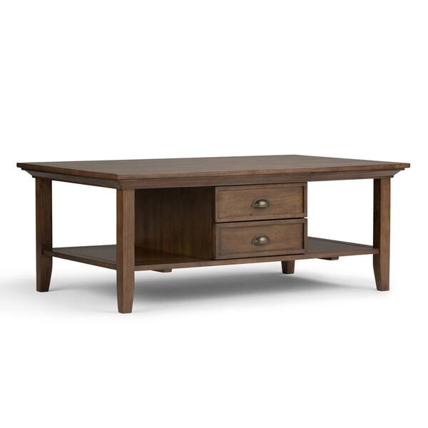 Simpli Home Redmond 48 in. Rustic Natural Aged Brown Large Rectangle Wood Coffee Table with Drawers