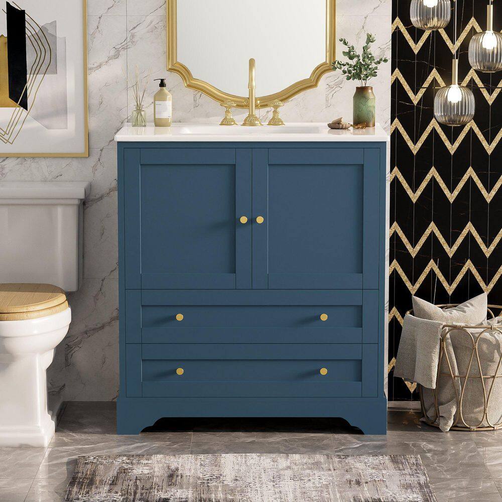 30 in. Freestanding Blue Bath Vanity with White Ceramic Top, Silver Handles and Soft Closing Doors price history on PriceWatchPro