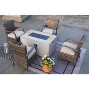 Tilia 5-Pieces Rock and Fiberglass Fire Pit Table Conversation set with 4 Wicker Chairs with Gray Cushions