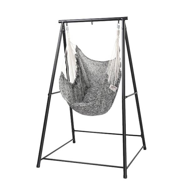 Single Person Outdoor Hammock Chair Set with Stand and Cushion in Black