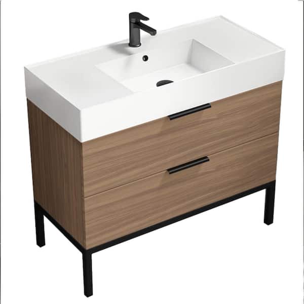 Derin 39.53 in. W x 18.11 in. D x 34.65 in. H Modern Bathroom Vanity in Walnut With White Ceramic Top