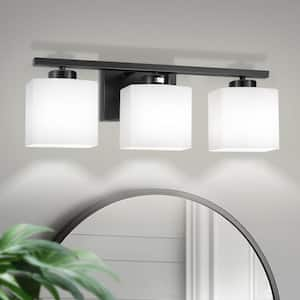 22 in. 3 Light Matte Black Modern Square Vanity Light for Bathroom, Bedroom, Living Roomwith Milk White Shades