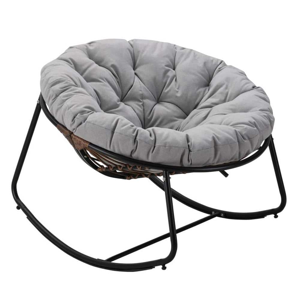 Dark Gray Wicker Outdoor Rocking Chair with Light Grey Cushions, Lounge Egg