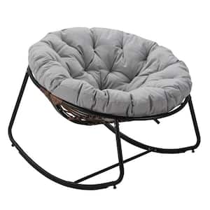 Dark Gray Wicker Outdoor Rocking Chair with Light Grey Cushions, Lounge Egg Chair for Indoor, Porch Backyard and Balcony