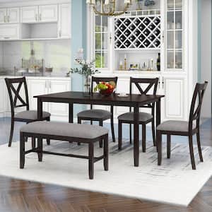 6-Piece Rectangular Espresso Wooden Dining Table Set with 4 Fabric Chairs and Bench