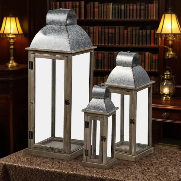 Country Charm Series Brown and Silver Wood, Metal and Glass Lanterns 3-Pack