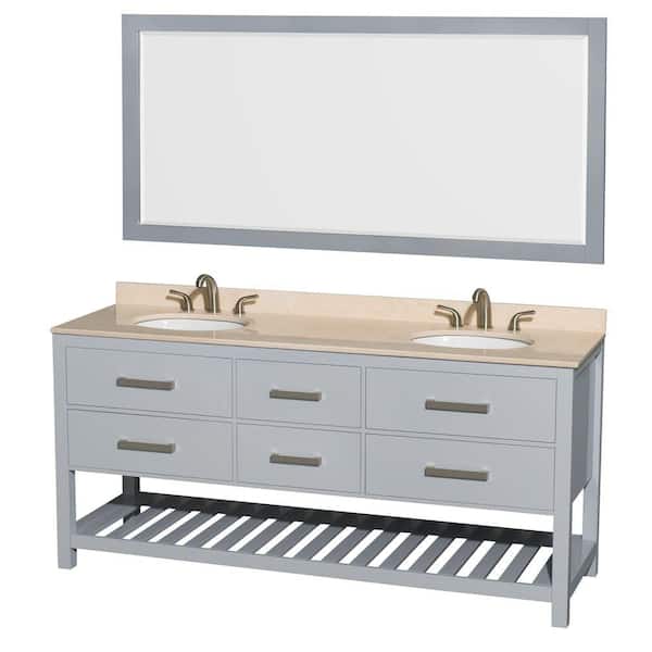 Wyndham Collection Natalie 72 in. W x 22 in. D Vanity in Gray with Marble Vanity Top in Ivory with White Basins and 70 in. Mirror
