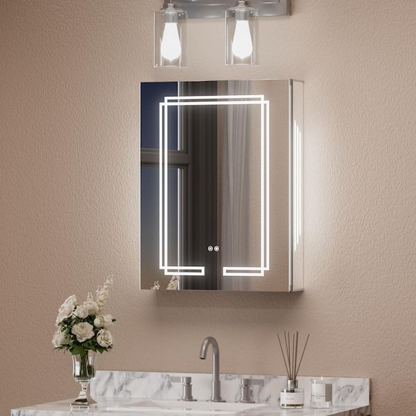 KeonJinn 20 in. W x 26 in. H Rectangular Aluminum Surface Mount LED Medicine Cabinet with Mirror and Lighted, Defogger