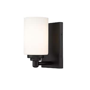 1-Light Matte Black Wall Sconce with White Glass Shade