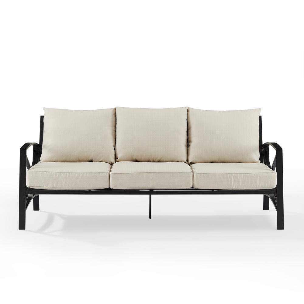 Oatmeal Cushioned Black Metal Three-Seat Outdoor Sofa