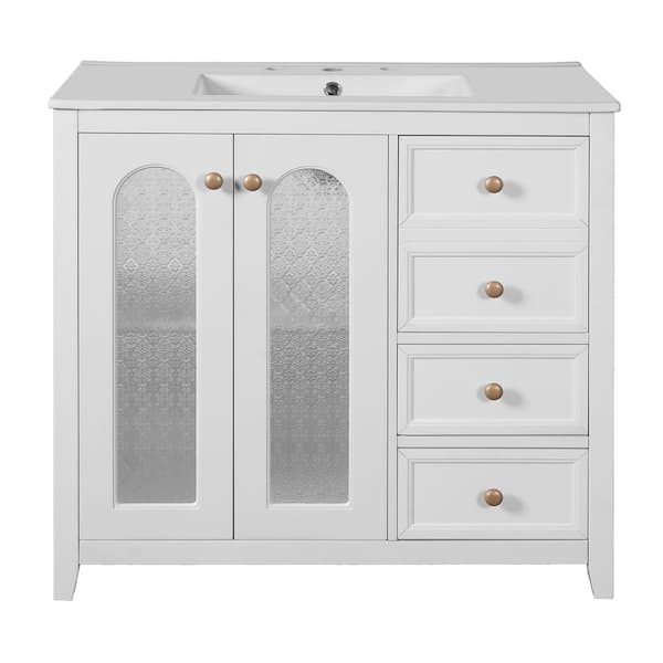 36 in. W Single Sink Freestanding White Bath Vanity with White Ceramic Top and Soft-Close Door Unassembled