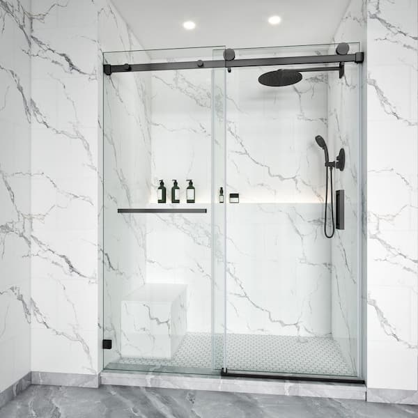 56-60.5 in. W x 72 in. H Single Sliding Frameless Shower Door in Gungray with 3/8 in. Clear Tempered Glass, 1-Towel Bar
