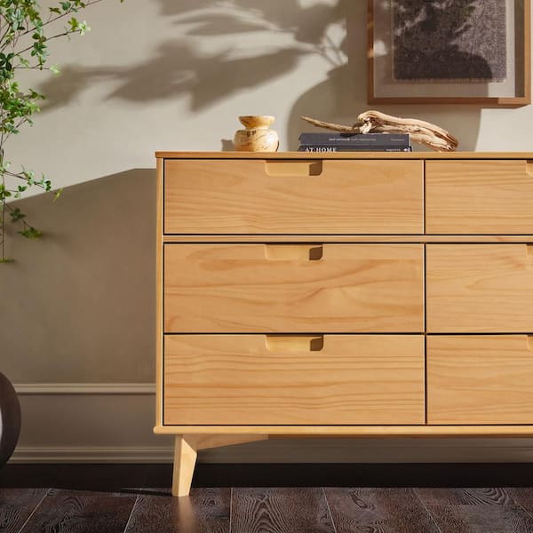 Sloane Natural Pine 6-Drawer Wood Mid-Century Modern Solid Wood 52 in. Dresser
