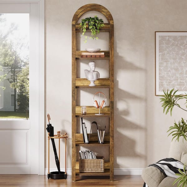 Eulas 71 in. Tall Brown Wood Arched Bookshelf Narrow Skinny Bookshelf with 6-Open Shelves for Home Office, Open Back