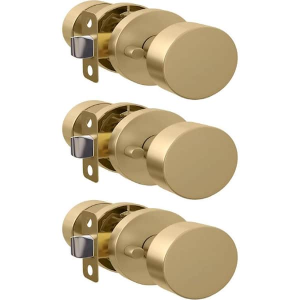 Buena Metal Privacy Satin Brass-Hall/Closet Bed/Bath and Door Knob with Reversible Heavy Duty Features, 3Pack
